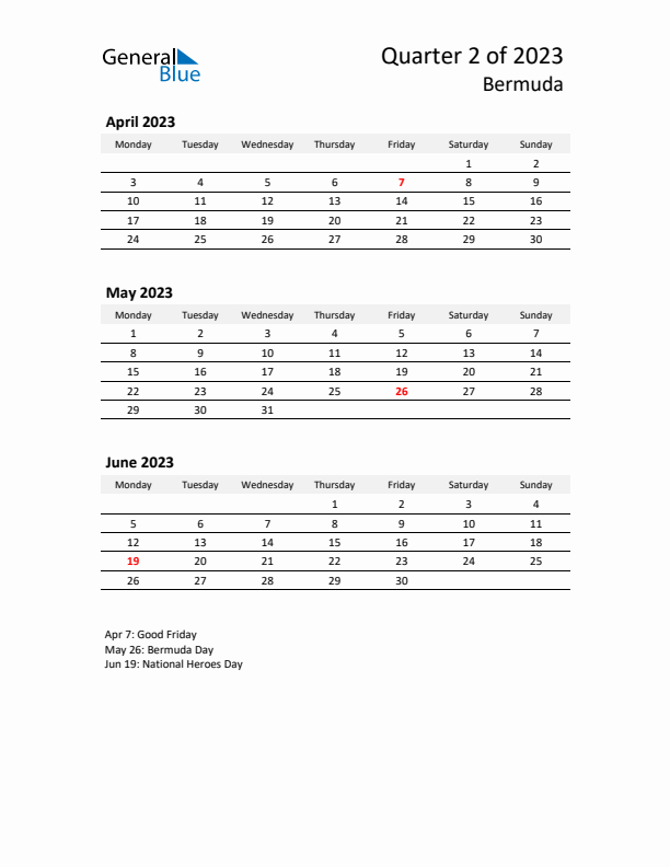 2023 Q2 Three-Month Calendar for Bermuda