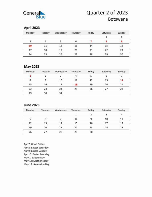 2023 Q2 Three-Month Calendar for Botswana