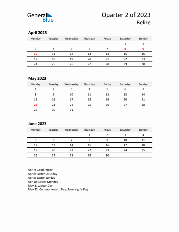 2023 Q2 Three-Month Calendar for Belize