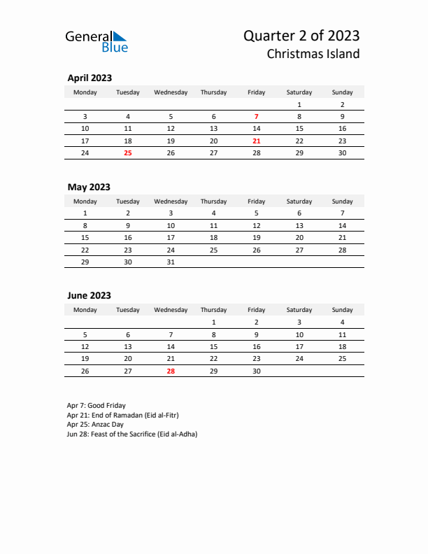 2023 Q2 Three-Month Calendar for Christmas Island