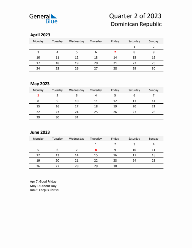 2023 Q2 Three-Month Calendar for Dominican Republic