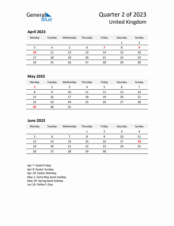 2023 Q2 Three-Month Calendar for United Kingdom