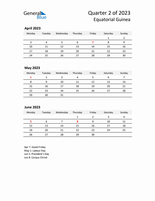 2023 Q2 Three-Month Calendar for Equatorial Guinea