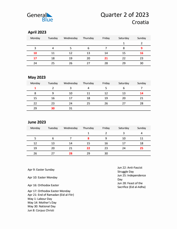 2023 Q2 Three-Month Calendar for Croatia