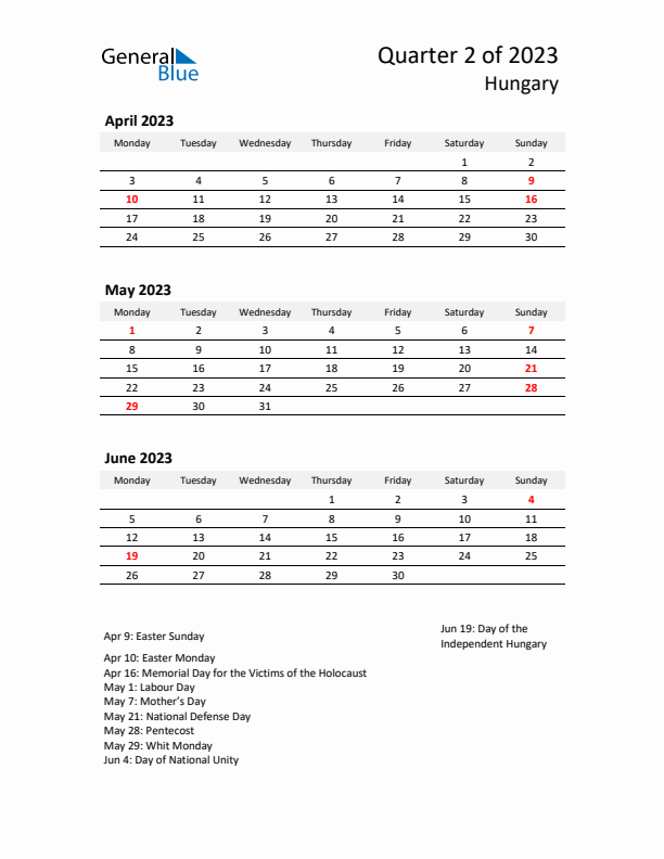 2023 Q2 Three-Month Calendar for Hungary