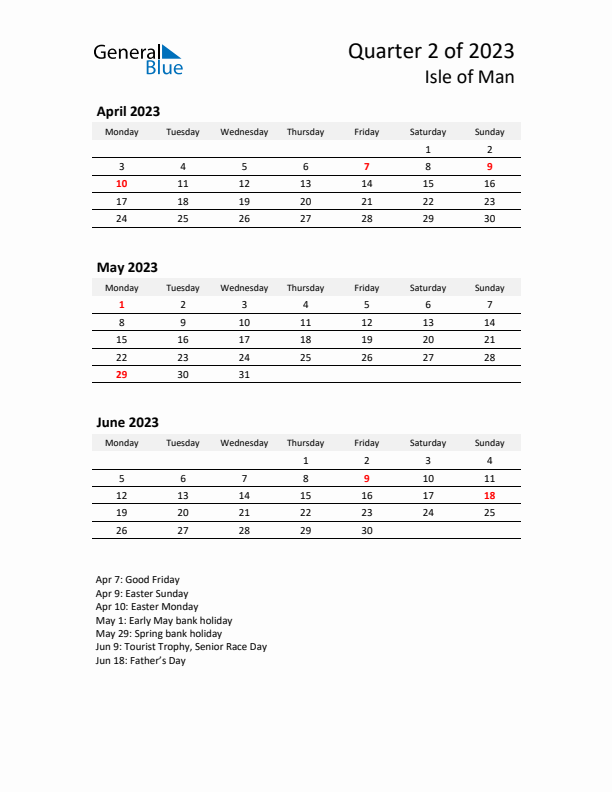 2023 Q2 Three-Month Calendar for Isle of Man