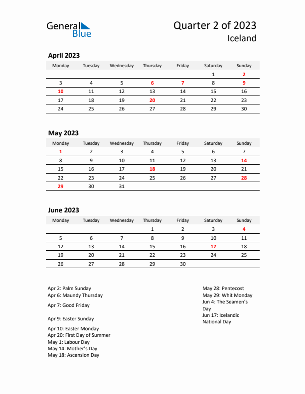 2023 Q2 Three-Month Calendar for Iceland