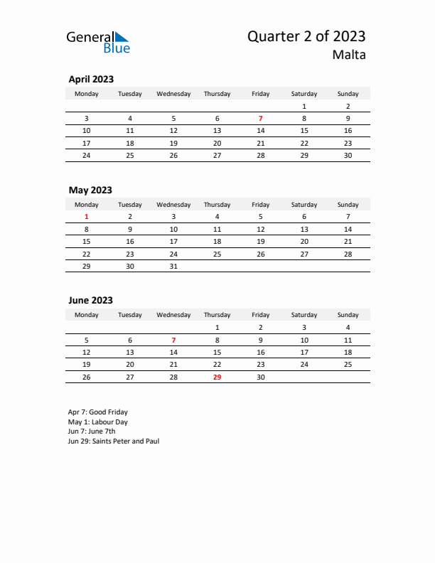 2023 Q2 Three-Month Calendar for Malta