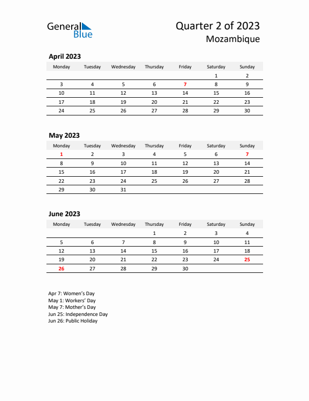 2023 Q2 Three-Month Calendar for Mozambique