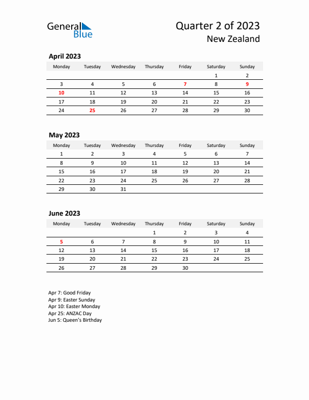 2023 Q2 Three-Month Calendar for New Zealand