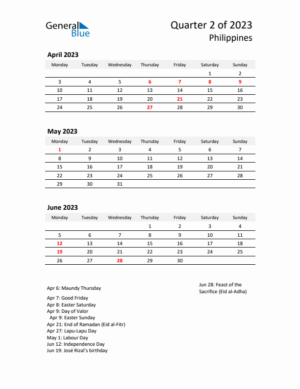 2023 Q2 Three-Month Calendar for Philippines