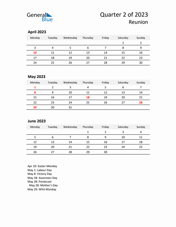 2023 Q2 Three-Month Calendar for Reunion