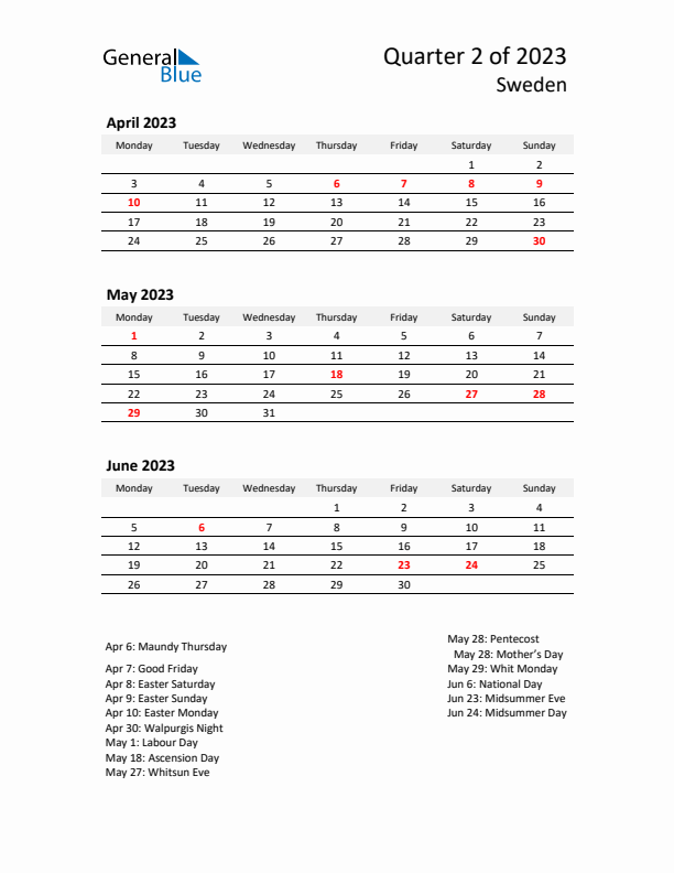 2023 Q2 Three-Month Calendar for Sweden