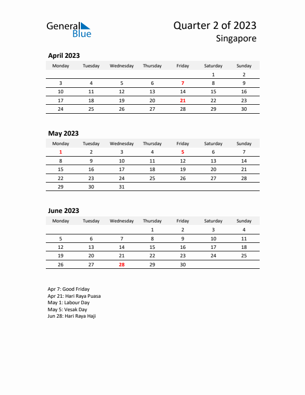 2023 Q2 Three-Month Calendar for Singapore