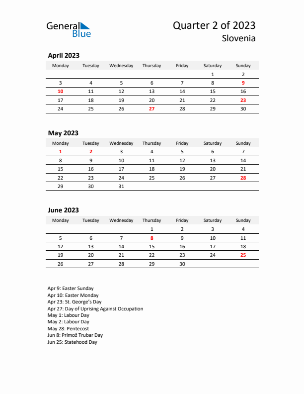 2023 Q2 Three-Month Calendar for Slovenia