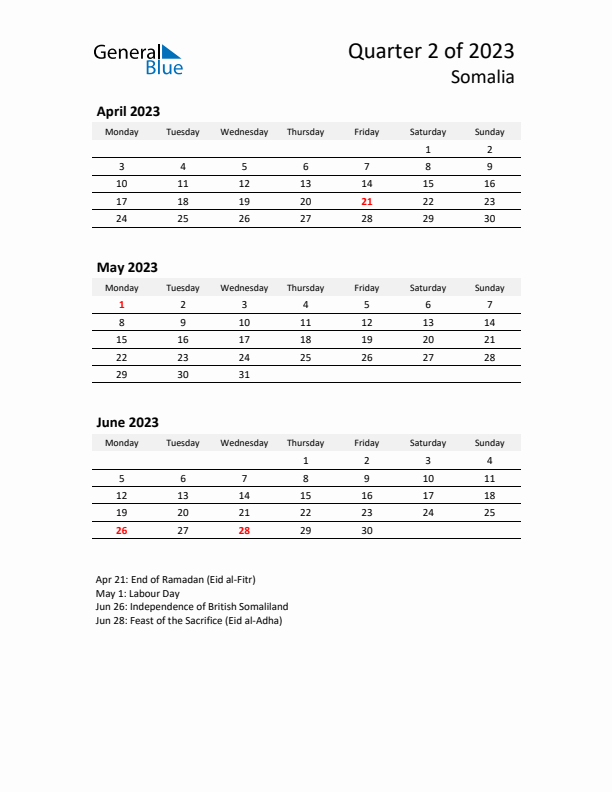 2023 Q2 Three-Month Calendar for Somalia