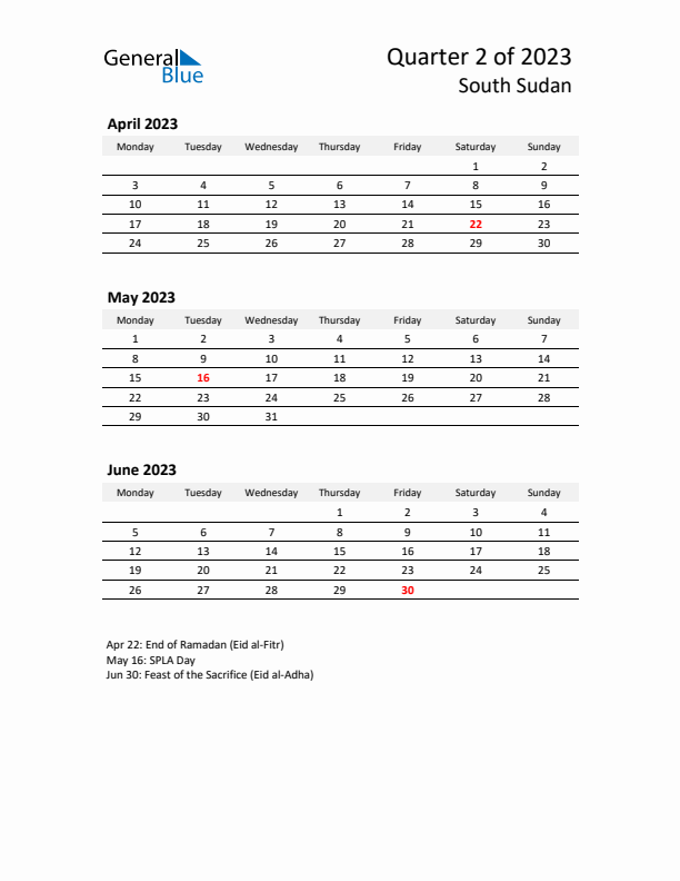 2023 Q2 Three-Month Calendar for South Sudan