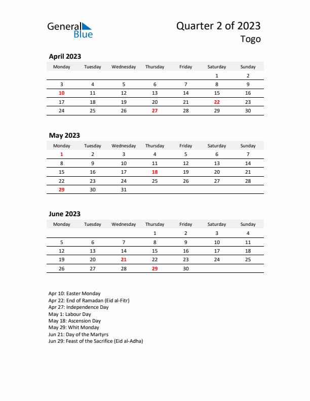 2023 Q2 Three-Month Calendar for Togo