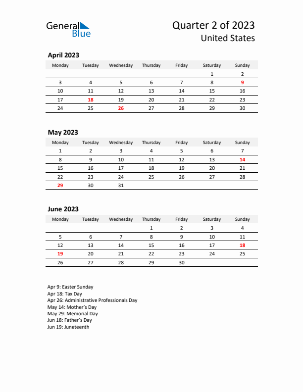 2023 Q2 Three-Month Calendar for United States