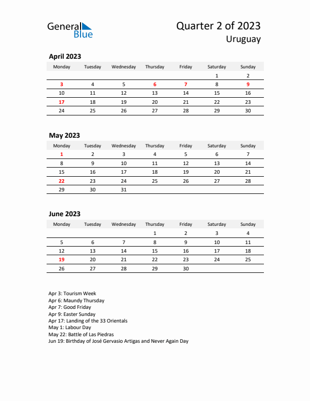 2023 Q2 Three-Month Calendar for Uruguay