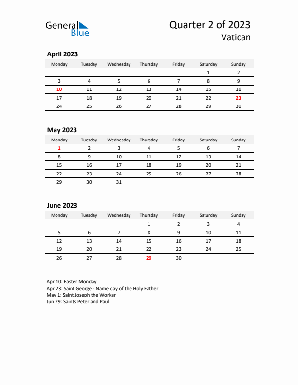 2023 Q2 Three-Month Calendar for Vatican