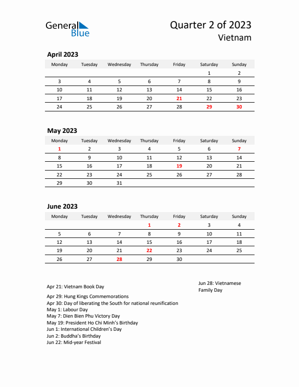 2023 Q2 Three-Month Calendar for Vietnam