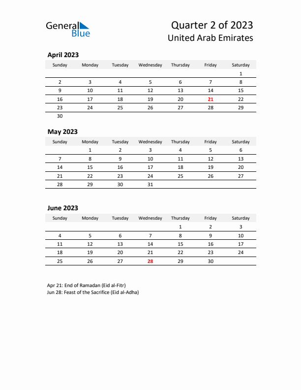 2023 Q2 Three-Month Calendar for United Arab Emirates