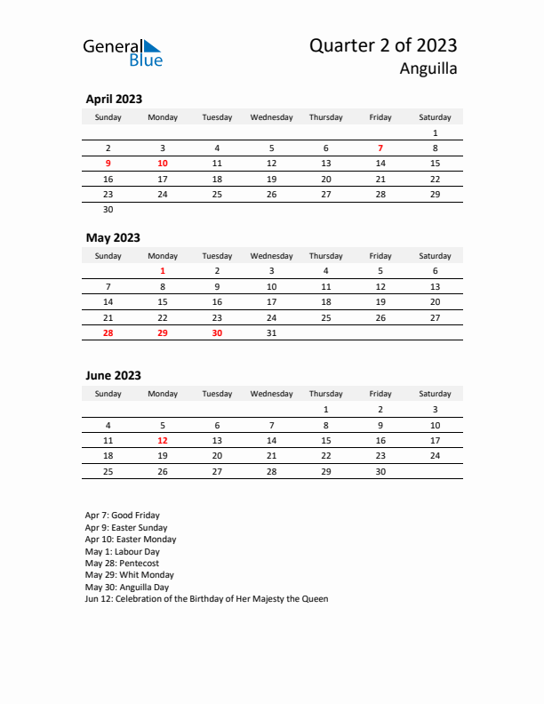 2023 Q2 Three-Month Calendar for Anguilla