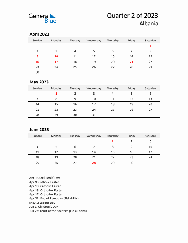 2023 Q2 Three-Month Calendar for Albania