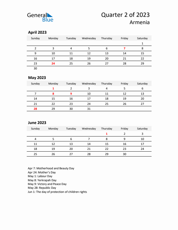 2023 Q2 Three-Month Calendar for Armenia