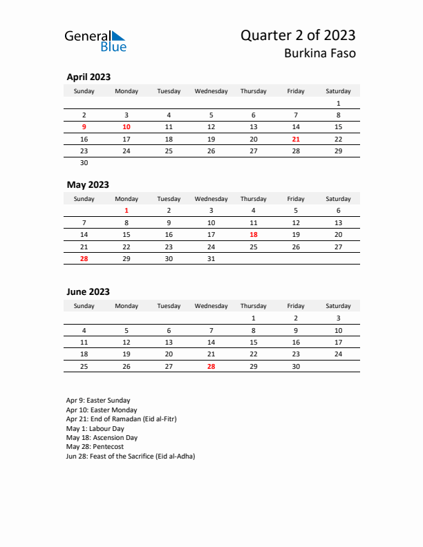 2023 Q2 Three-Month Calendar for Burkina Faso