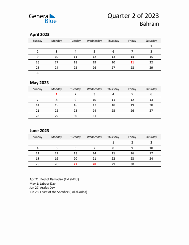 2023 Q2 Three-Month Calendar for Bahrain