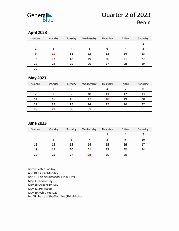 2023 Q2 Three-Month Calendar for Benin