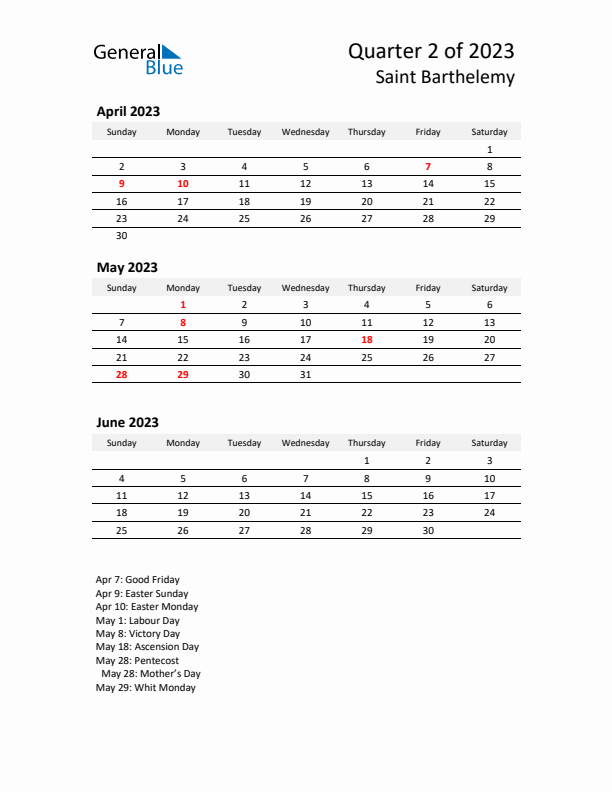 2023 Q2 Three-Month Calendar for Saint Barthelemy