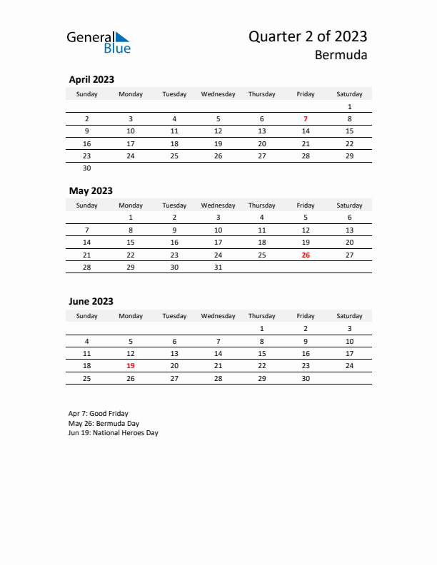 2023 Q2 Three-Month Calendar for Bermuda