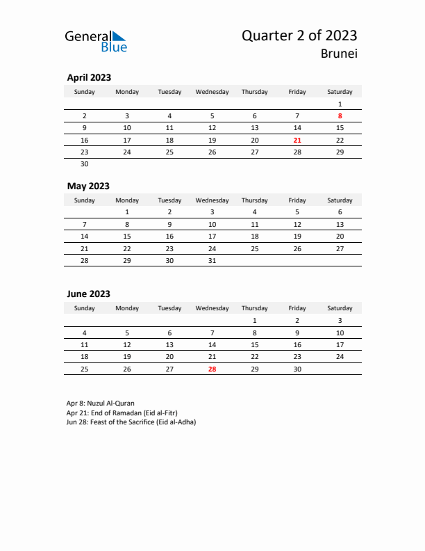 2023 Q2 Three-Month Calendar for Brunei