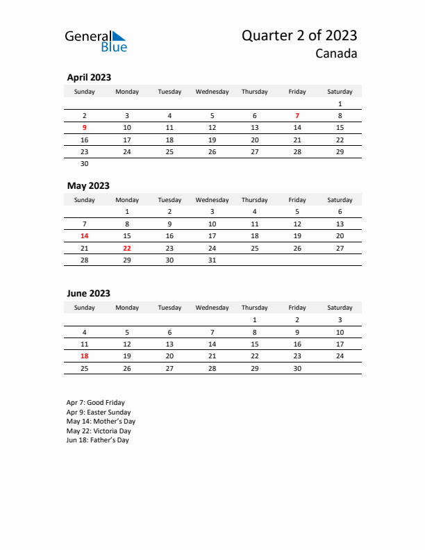 2023 Q2 Three-Month Calendar for Canada