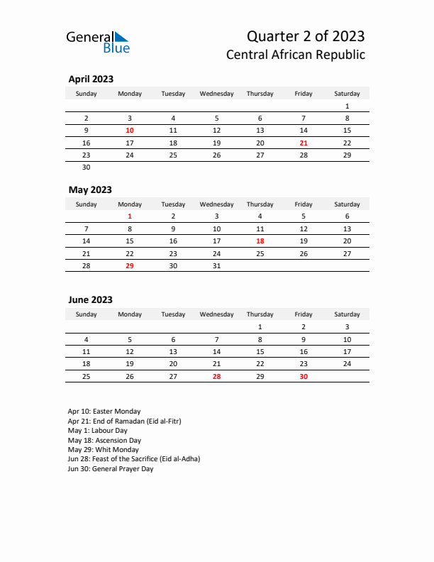 2023 Q2 Three-Month Calendar for Central African Republic