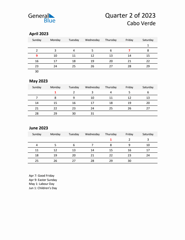 2023 Q2 Three-Month Calendar for Cabo Verde