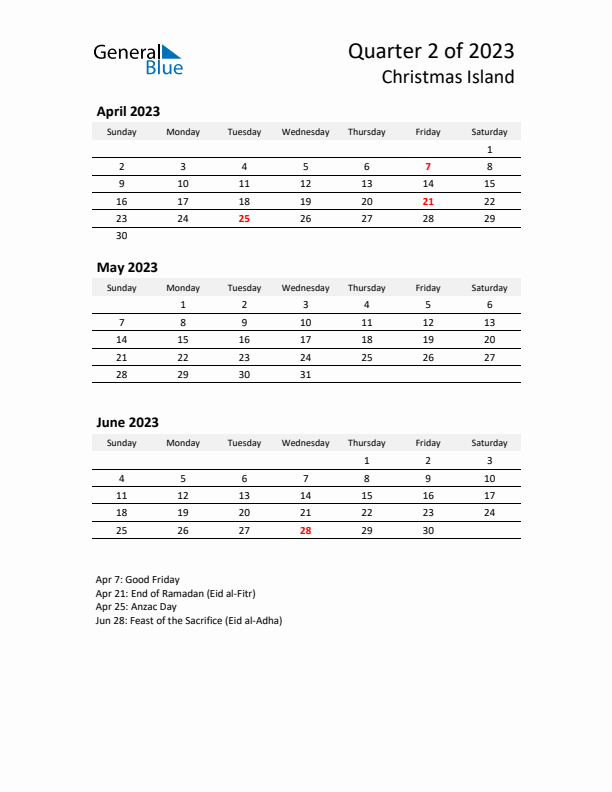 2023 Q2 Three-Month Calendar for Christmas Island