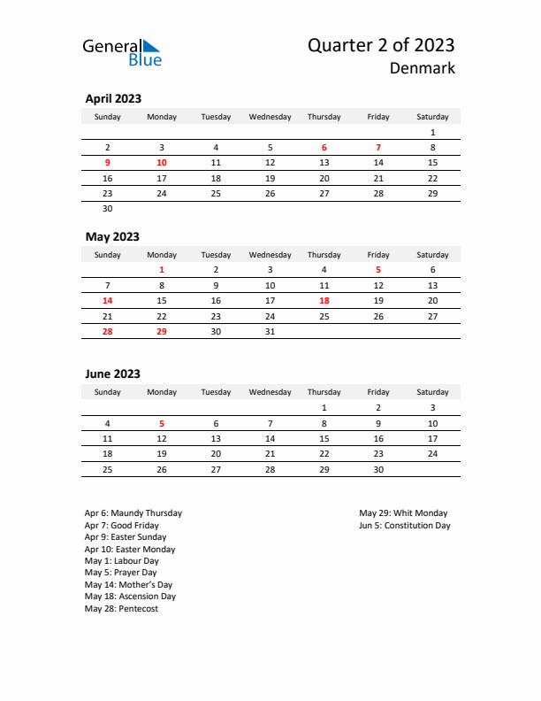 2023 Q2 Three-Month Calendar for Denmark