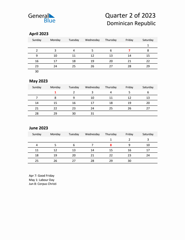 2023 Q2 Three-Month Calendar for Dominican Republic