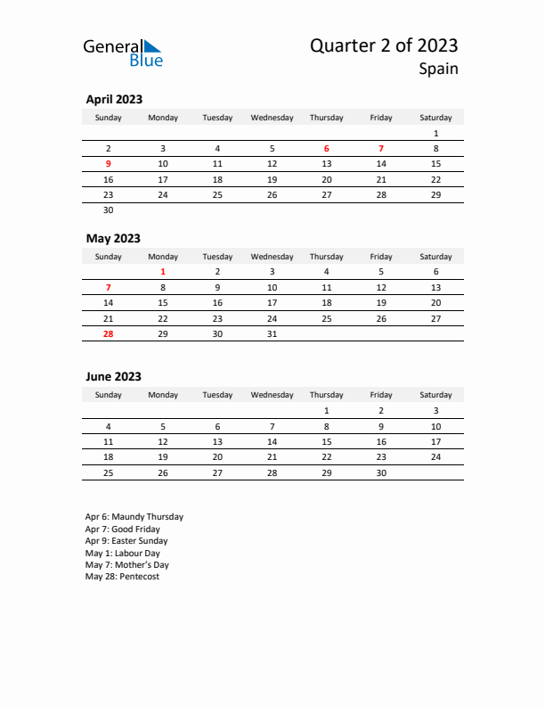 2023 Q2 Three-Month Calendar for Spain