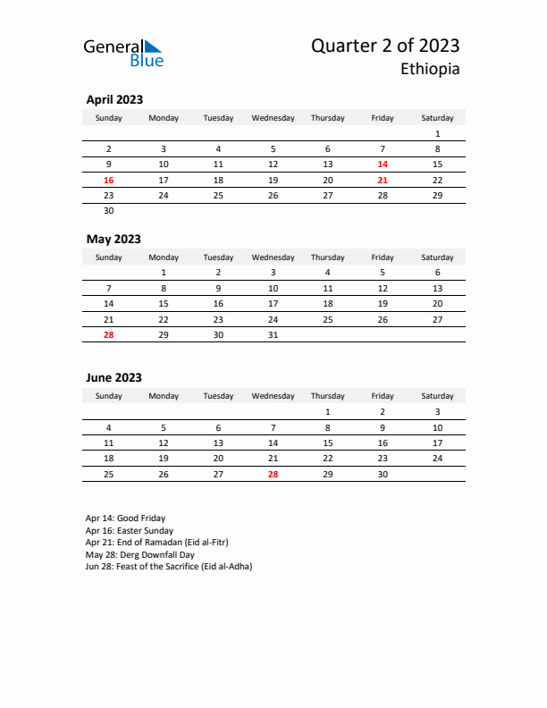 2023 Q2 Three-Month Calendar for Ethiopia