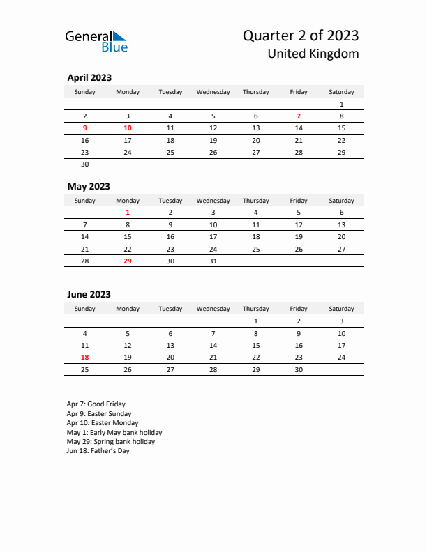 2023 Q2 Three-Month Calendar for United Kingdom