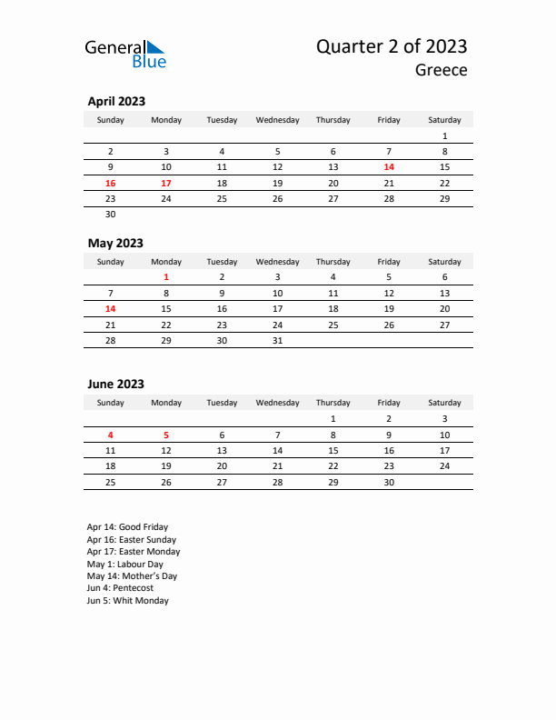 2023 Q2 Three-Month Calendar for Greece