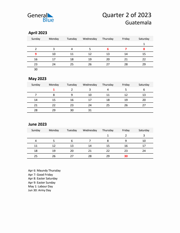 2023 Q2 Three-Month Calendar for Guatemala