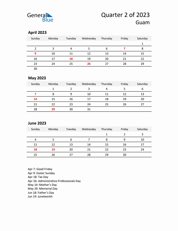 2023 Q2 Three-Month Calendar for Guam