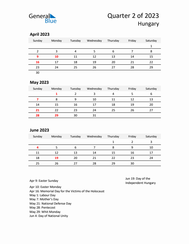 2023 Q2 Three-Month Calendar for Hungary