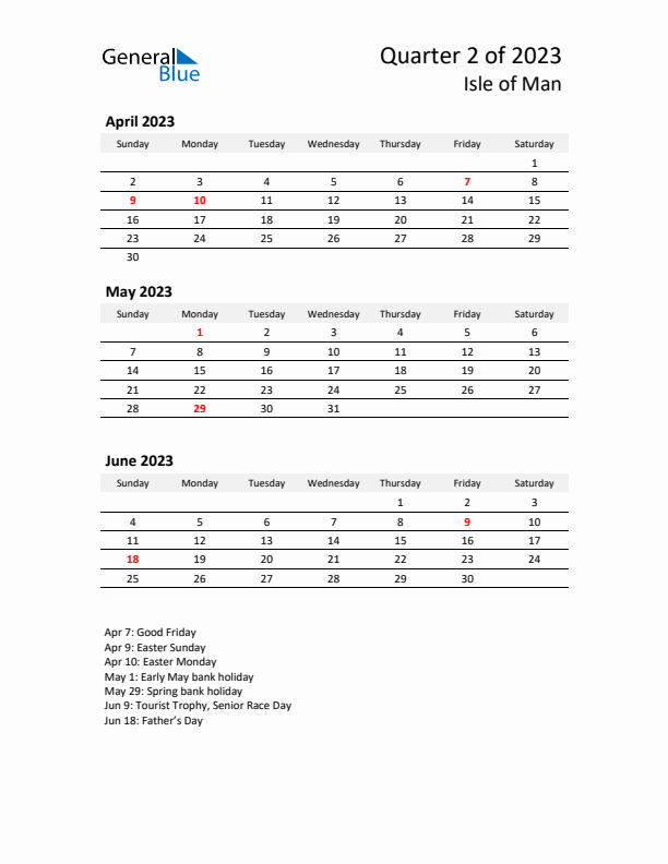 2023 Q2 Three-Month Calendar for Isle of Man